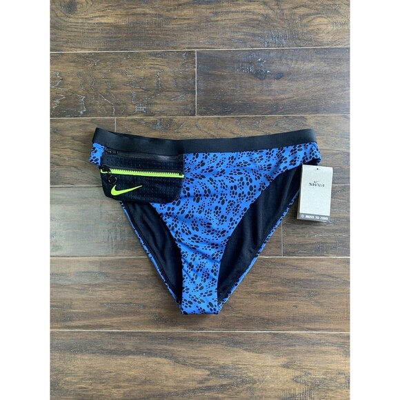 NIKE Party Dots Blue High Waist Bikini Bottom Swim Women’s LARGE Blue Black NWT - Picture 1 of 16